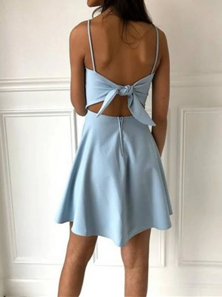 A Line Backless Light Blue Short Prom Dresses, Cute Short Light Blue Homecoming Formal Evening Dresses