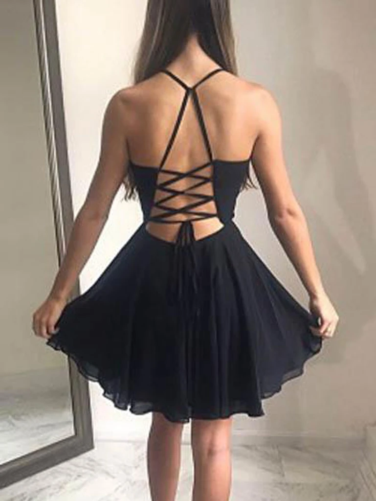 Simple V Neck Black Short Prom Dresses, Bakless Black V Neck Short For morievent Simple V Neck Black Short Prom Dresses, Bakless Black V Neck Short For morievent