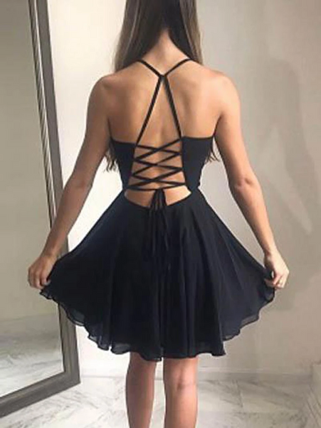 Simple V Neck Black Short Prom Dresses, Bakless Black V Neck Short Formal Evening Dresses