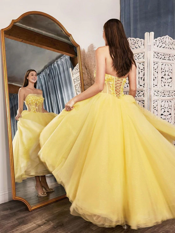 A Line Yellow High Low Tulle Lace Long Prom Dresses, Yellow Tulle Tea Length Lace Formal Evening Dresses