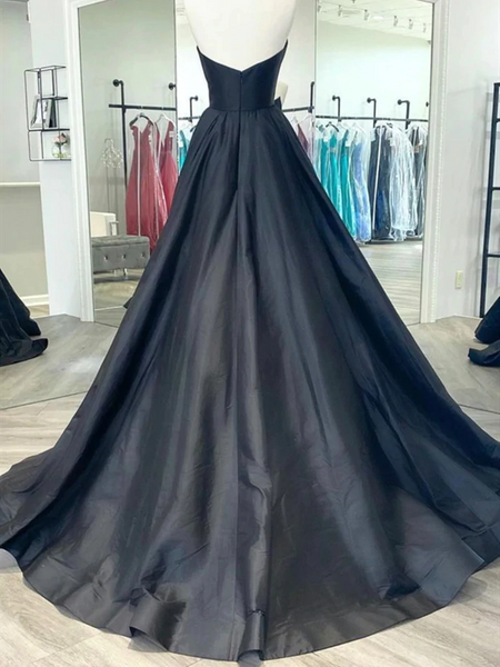 Black V Neck Satin Prom Dresses, Black V Neck Long Formal Graduation Dresses