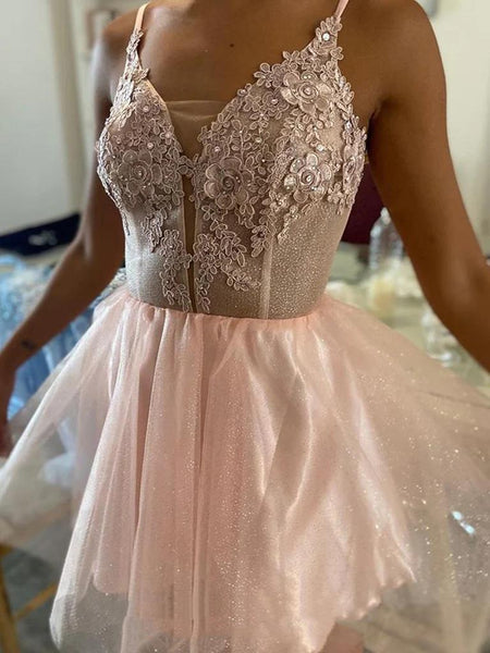 Short V Neck Pink Lace Prom Dresses, Short Pink Lace Graduation Homecoming Dresses