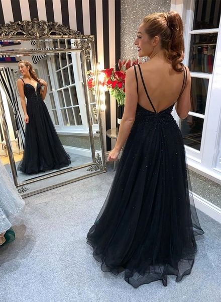 V Neck Black Tulle Beads Long Prom Dresses, Open Back Black Formal Evening Dresses