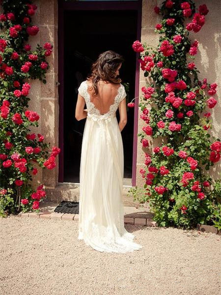 A Line V Neck Cap Sleeves Backless Lace Ivory Wedding Dresses, Bridal Dresses, Lace Prom Dresses