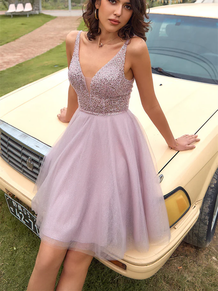 A Line V Neck Open Back Grey Sequins Short Prom Dresses, Grey Backless morievent A Line V Neck Open Back Grey Sequins Short Prom Dresses, Grey Backless morievent