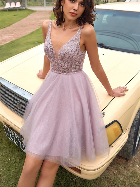 A Line V Neck Open Back Grey Sequins Short Prom Dresses, Grey Backless Tulle Homecoming Dresses, Gray Sequins Formal Graduation Evening Dresses