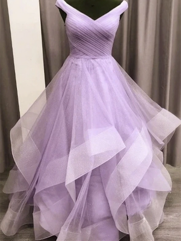 A Line Purple Tulle Long Prom Dresses, A Line Purple Tulle Long Formal Evening Dresses