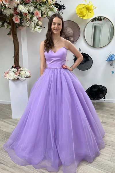 A Line Sweetheart Neck Purple Tulle Long Prom Dresses, Sweetheart Neck Purple Tulle Long Formal Evening Dresses