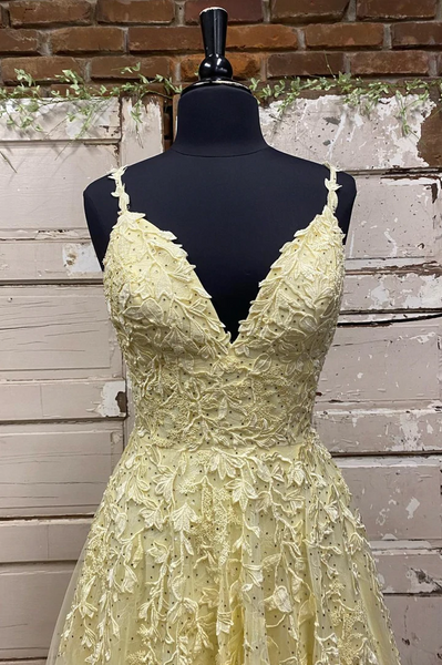A Line V Neck Yellow Lace Long Prom Evening Dresses, Lace Yellow Long Tulle Formal Evening Dresses