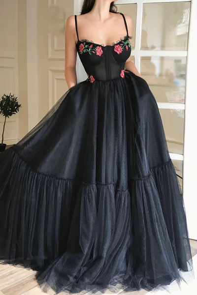 A Line Sweetheart Neck  Black Tulle Lace Long Prom dresses with Pocket, Black Tulle Long Formal Evening Dresses