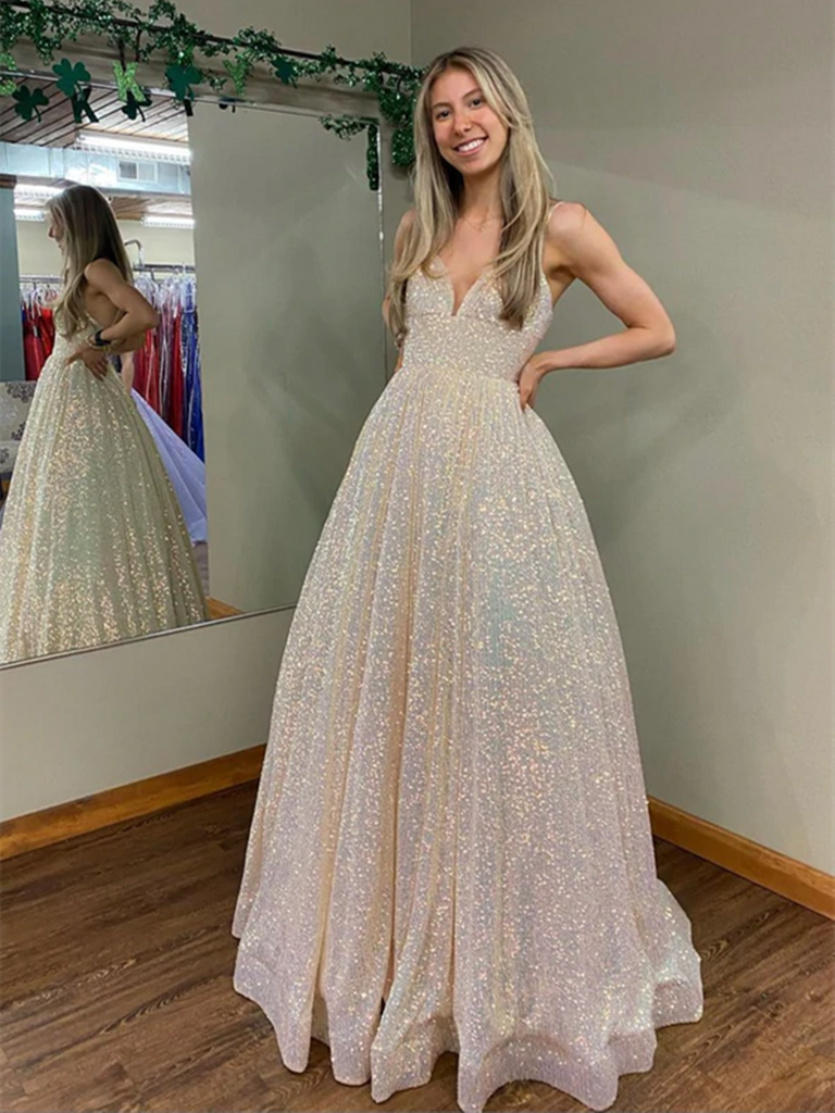 A Line V Neck Champagne Sequins Long Prom Dresses, A Line V Neck Champ morievent A Line V Neck Champagne Sequins Long Prom Dresses, A Line V Neck Champ morievent