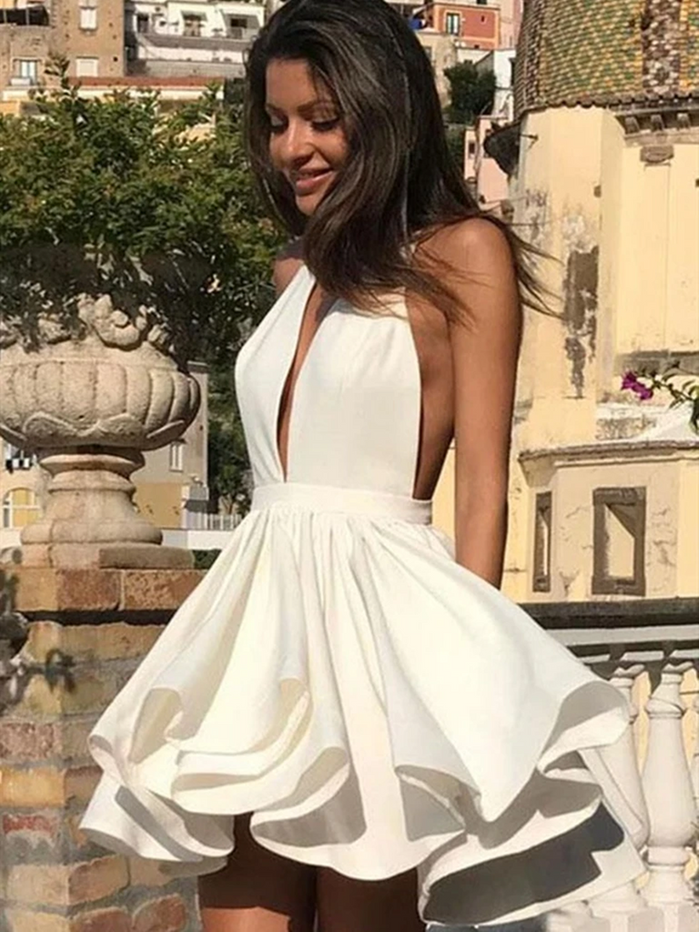 Halter Neck Short White Prom Dresses, Short V Neck White Backless Grad –  morievent