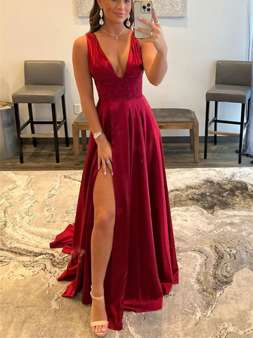 V Neck Burgundy Lace Long Prom Dress with High Slit, Burgundy Lace Formal Dresses, Burgundy Lace Formal  Evening Dresses
