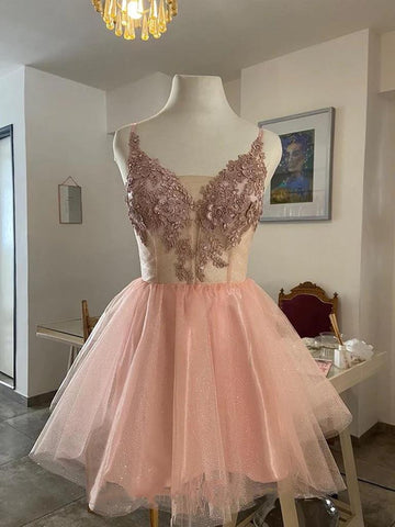 Short V Neck Pink Lace Prom Dresses, Short Pink Lace Graduation Homecoming Dresses