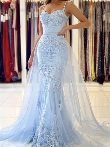 Mermaid BLue Lace Long Prom Dresses, Mermaid BLue Lace Long Formal Evening Dresses