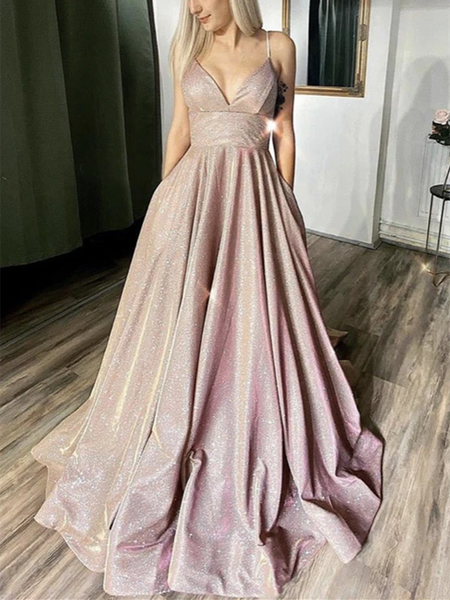 Shiny V Neck Open Back Pink Long Prom Dresses, V Neck Pink Formal Dresses, Pink Backless Evening Dresses