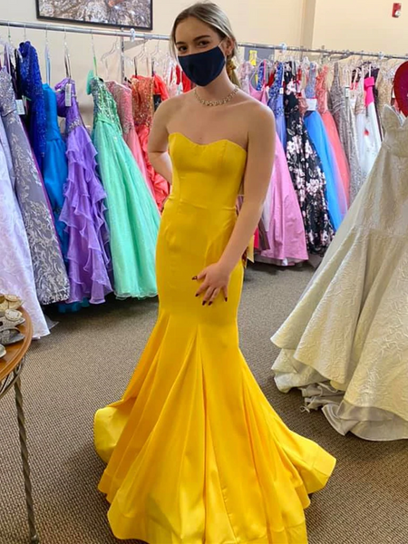 Strapless Mermaid Yellow Satin Long Prom Dresses, Mermaid Yellow Formal Graduation Evening Dresses