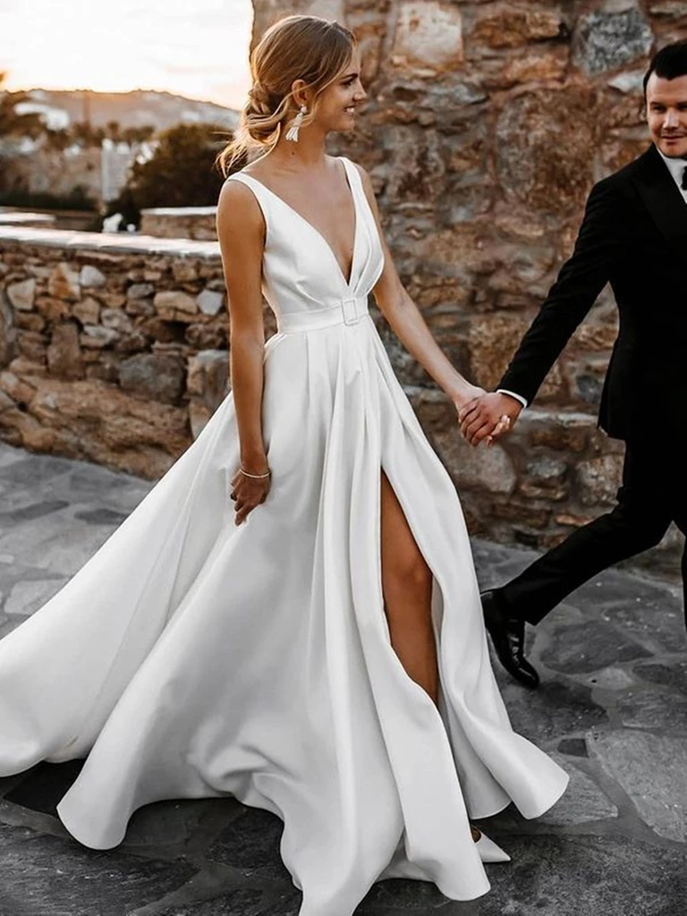 V Neck and V Back White Satin Long Prom Dresses with High Slit, Open B morievent V Neck and V Back White Satin Long Prom Dresses with High Slit, Open B morievent