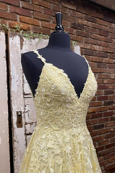 A Line V Neck Yellow Lace Long Prom Evening Dresses, Lace Yellow Long Tulle Formal Evening Dresses