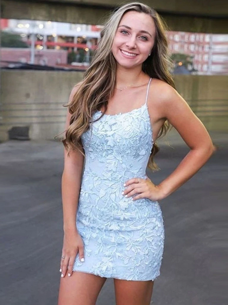 Light Blue Backless Lace Short Prom Dresses, Open Back Light Blue Lace Formal Evening Graduation Homecoming Dresses