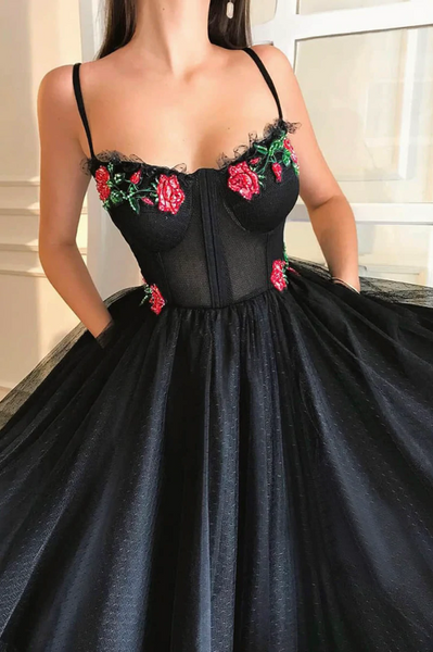 A Line Sweetheart Neck  Black Tulle Lace Long Prom dresses with Pocket, Black Tulle Long Formal Evening Dresses