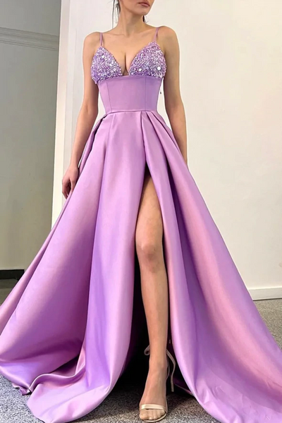 A Line Purple Satin Beads long Prom Dresses, A Line Purple Satin Beads long Formal Evening Dresses