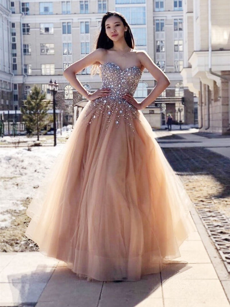 champagne Stylish Sweetheart Neck Tulle Beads Long Prom Dress, Sweethe morievent champagne Stylish Sweetheart Neck Tulle Beads Long Prom Dress, Sweethe morievent