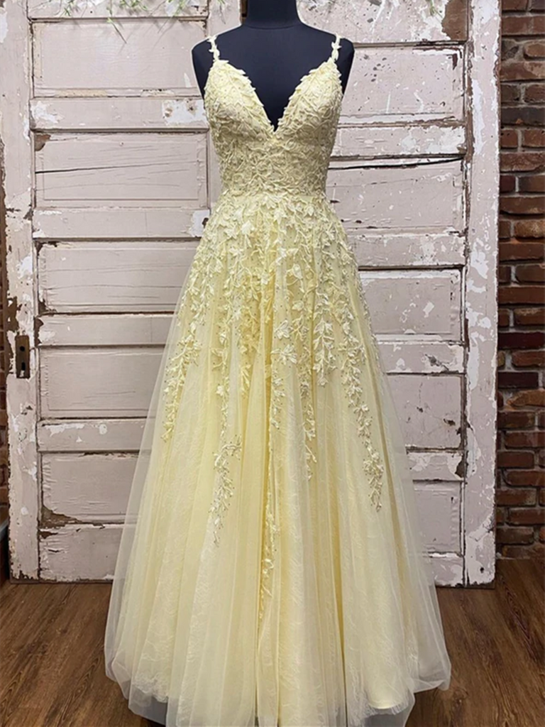 A Line V Neck Yellow Lace Long Prom Evening Dresses, Lace Yellow Long morievent A Line V Neck Yellow Lace Long Prom Evening Dresses, Lace Yellow Long morievent