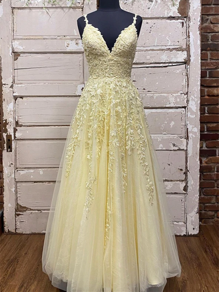 A Line V Neck Yellow Lace Long Prom Evening Dresses, Lace Yellow Long Tulle Formal Evening Dresses
