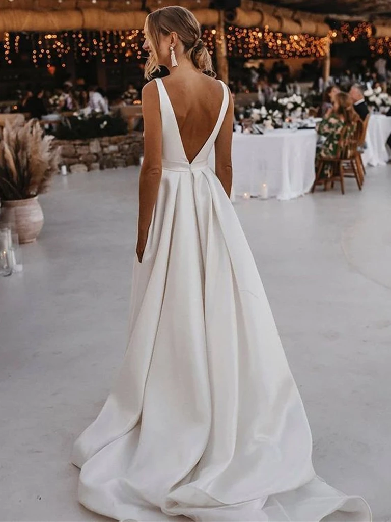 V Neck and V Back White Satin Long Prom Dresses with High Slit Open Back White Wedding Dresses Backless White Formal Evening Dresses