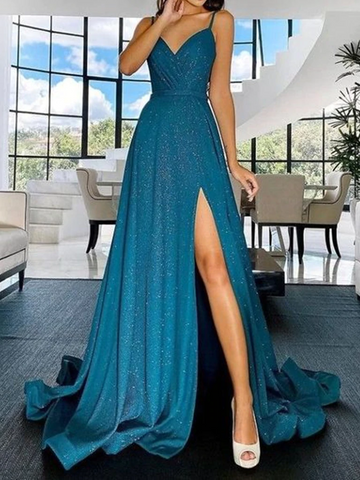 Shiny A Line V Neck Peacock Blue Long Prom Dress with Leg Slit, Blue Long Formal Graduation Dresses