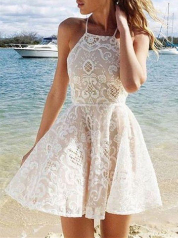 A-Line White Lace Halter Sleeveless Short/Mini Prom Dresses,  White Lace Short Graduation Homecoming Dresses