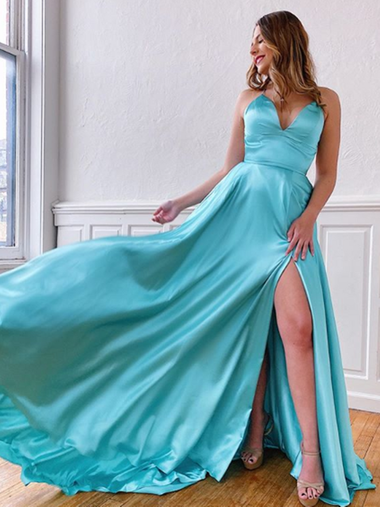 A Line V Neck Blue Backless Satin Long Prom Dresses With Leg Slit,  V Neck Blue Backless Satin Long Formal Evening Dresses