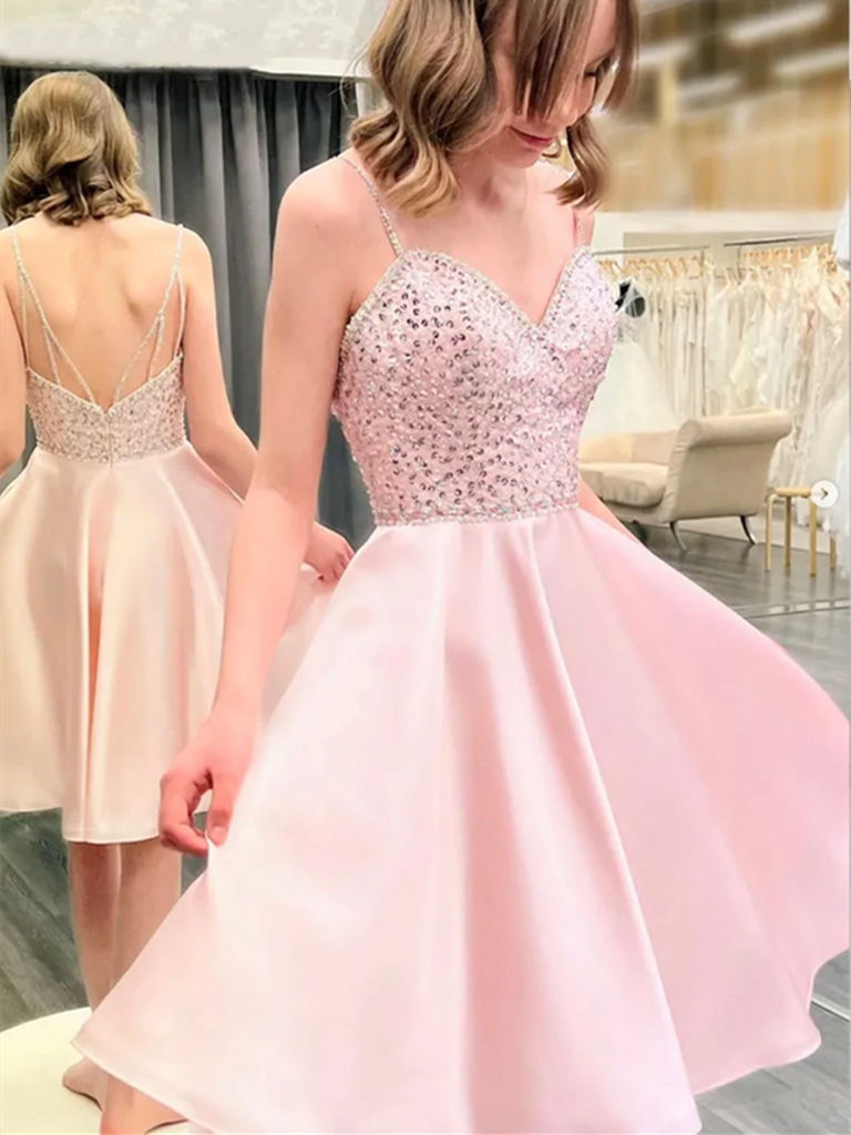 V Neck Pink Beads Short Prom Dress Homecoming Dresses, Short Pink Sati morievent V Neck Pink Beads Short Prom Dress Homecoming Dresses, Short Pink Sati morievent