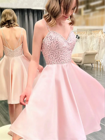 V Neck Pink Beads Short Prom Dress Homecoming Dresses, Short Pink Satin Backless Formal Evening Dresses