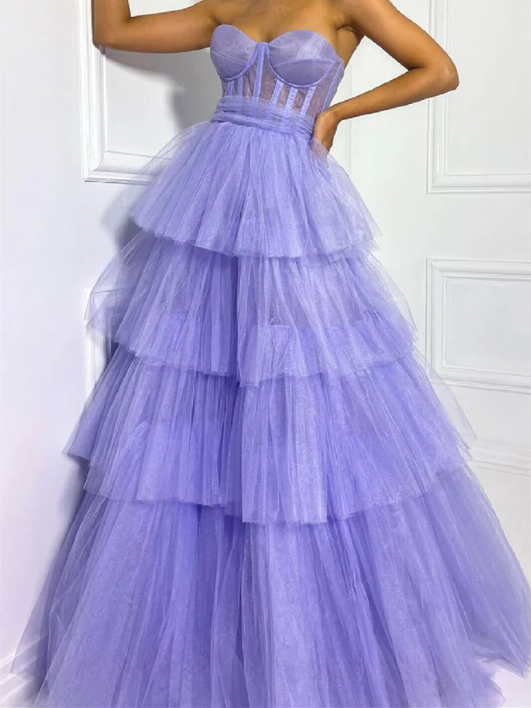 Sweetheart Neck Layered Purple Tulle Long Prom Dresses， Lavender Formal Dresses, Lilac Evening Dresses