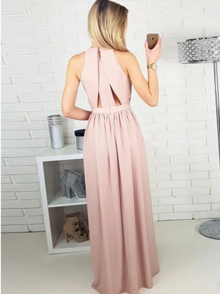 Gorgeous Pink Halter Side Slit Unique Back Design Long Evening Prom Dresses, Pink Chiffon Long Prom Dresses
