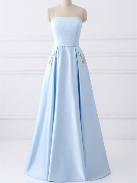 Blue  A-line Strapless Simple Long Prom Dresses with rhinestones pockets , Blue Strapless formal evening dresses