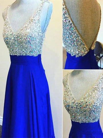 Custom Made A Line V Neck Floor Length Backless Royal Blue Prom Dresses, Blue Formal Dresses, Blue Bridesmaid Dresses