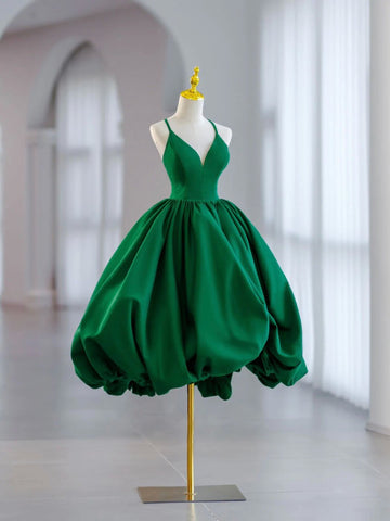 Green V Neck Satin Short Prom Dress, A Line Green Evening Dress