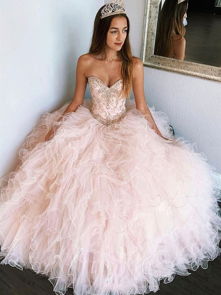 Pink Tulle Beads Long Prom Gown, Sweetheart Neck Pink Tulle Beads Long Formal Evening Dress