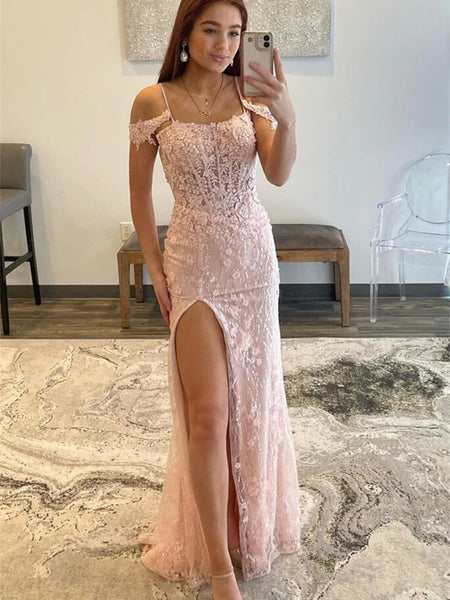 Shiny Off Shoulder Pink Lace Long Prom Dress with High Slit, Pink Lace Formal Dress, Pink Evening Dress