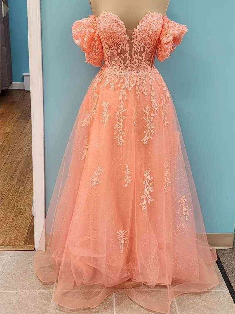 Coral Off Shoulder V Neck A Line Tulle Applique Lace-Up Back Long Prom morievent Coral Off Shoulder V Neck A Line Tulle Applique Lace-Up Back Long Prom morievent