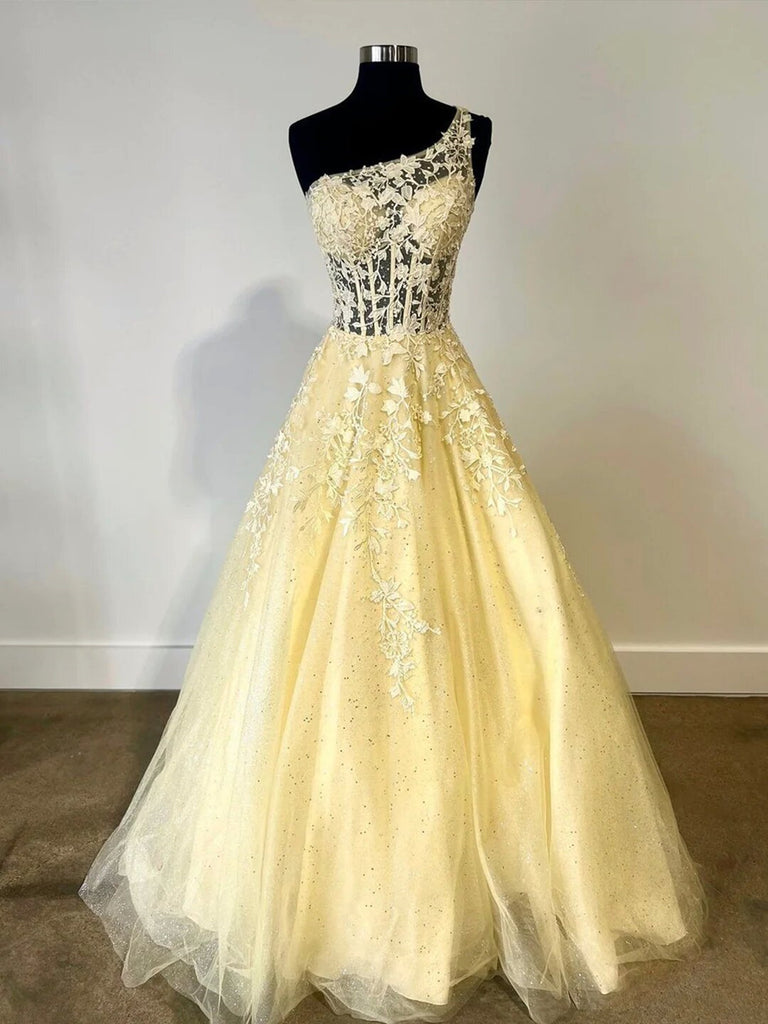 One Shoulder Yellow Lace Long Prom Dress, One Shoulder Party Dress Evening Dress