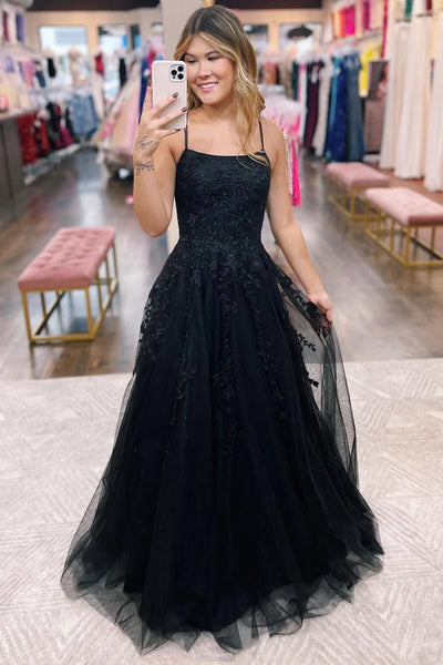 A Line Black Tulle Lace Long Prom Dress, Black Lace Evening Party Dress