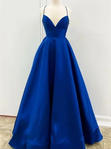 A Line V Neck Royal Blue Backless Prom Dresses, Open Back Royal Blue Formal Evening Graduation Dresses