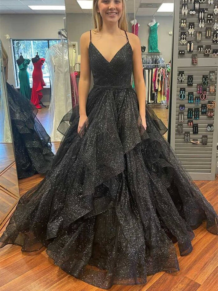 Shiny V Neck Layered Black Tulle Long Prom Dress, Black Formal Evening morievent Shiny V Neck Layered Black Tulle Long Prom Dress, Black Formal Evening morievent