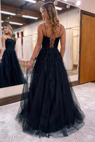 A Line Black Tulle Lace Long Prom Dress, Black Lace Evening Party Dress
