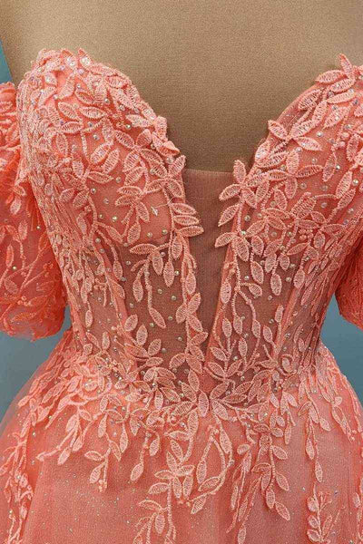 Coral Off Shoulder V Neck A Line Tulle Applique Lace-Up Back Long Prom Dress