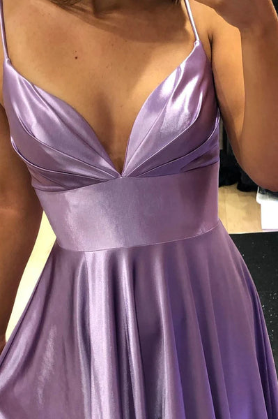 A Line V Neck Purple Prom Dress with Slit, Purple Long Formal Evening Dress